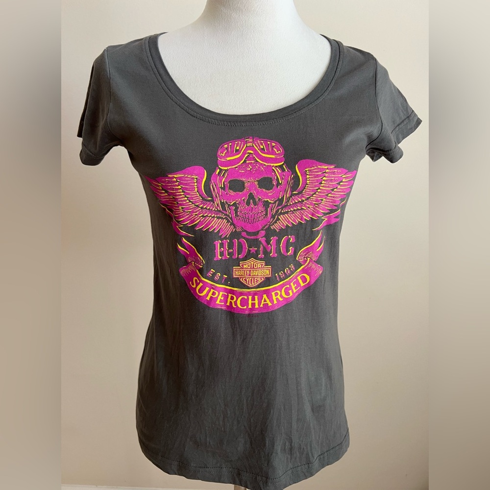 Harley-Davidson Gray T-Shirt with Pink Skull Design